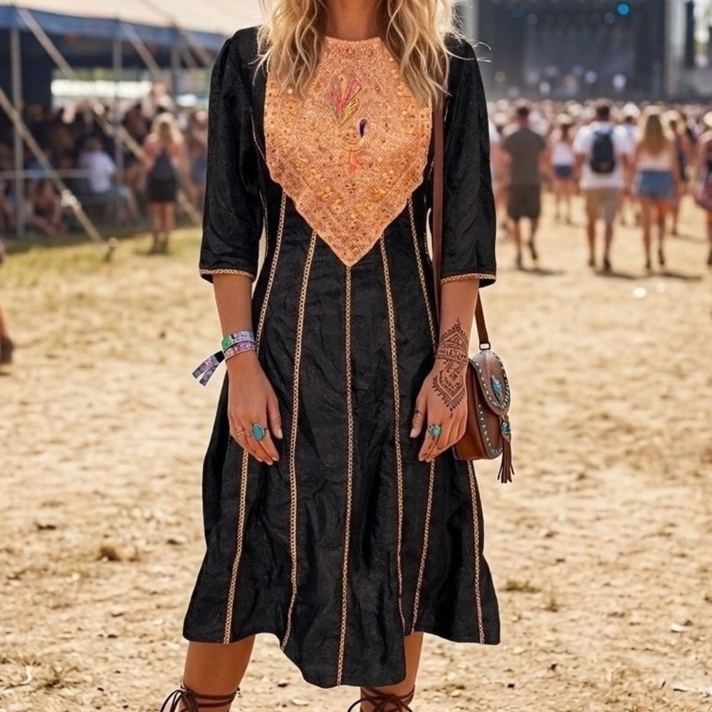 Vintage Style Peacock Embroidered Midi Dress Black Gold L Autumn Wedding Guest